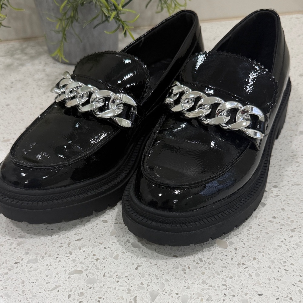 Vince Camuto Black Patent Loafers with Silver Chain